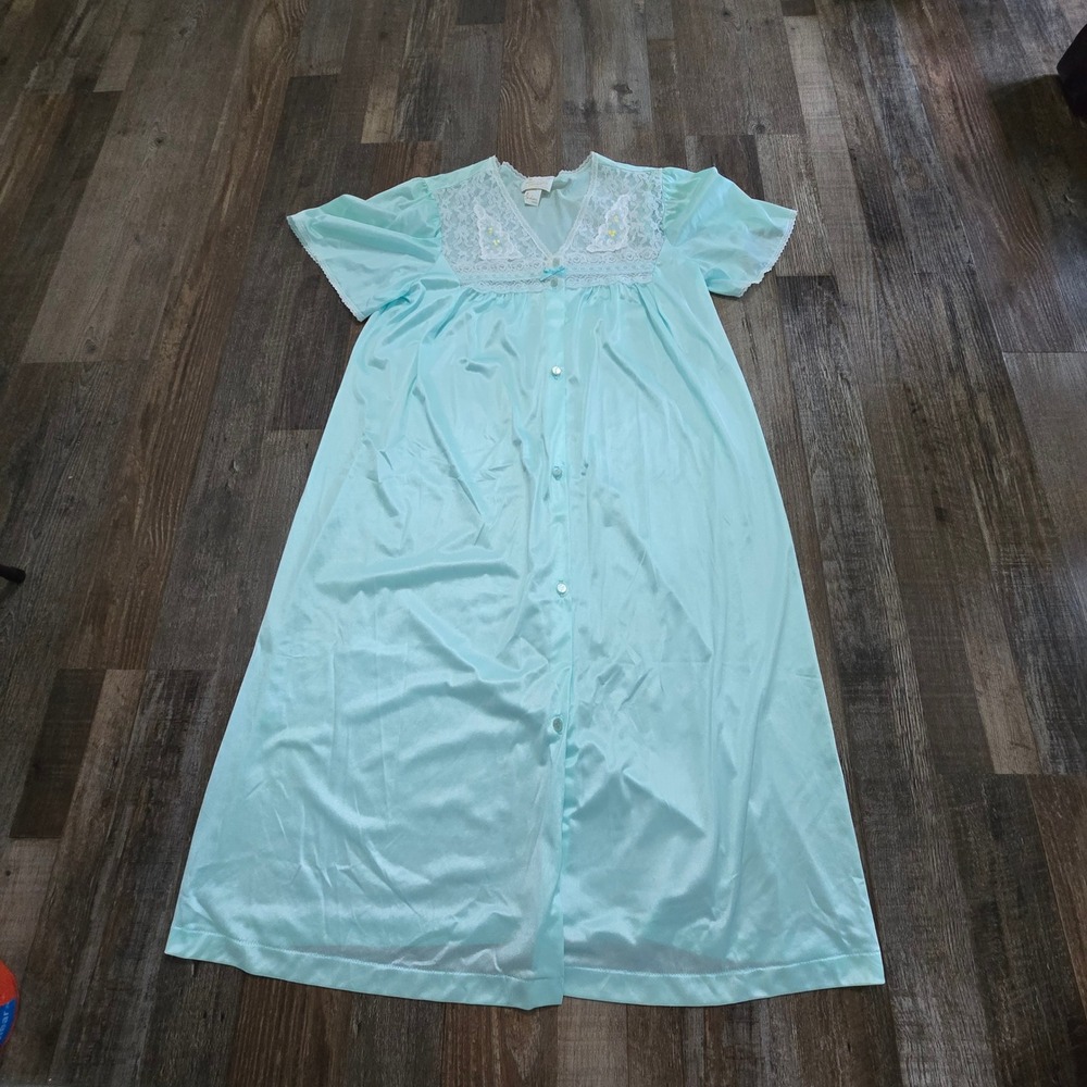 Texsheen Vintage Lace Nightgown Robe Womens Medium Aqua Blue Floral Nylon USA